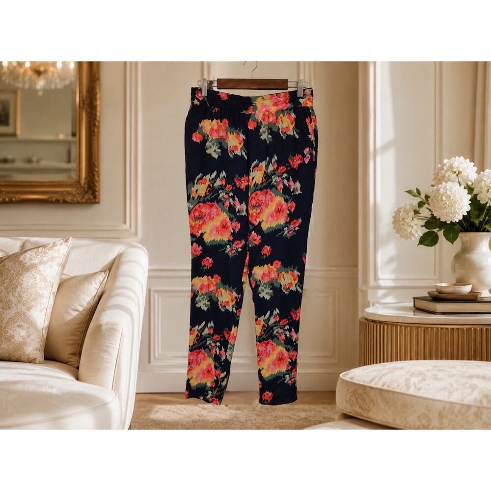 Joie Abstract Floral Silk Pants XS Elastic Waist Lined Boho Luxe Pull On Resort